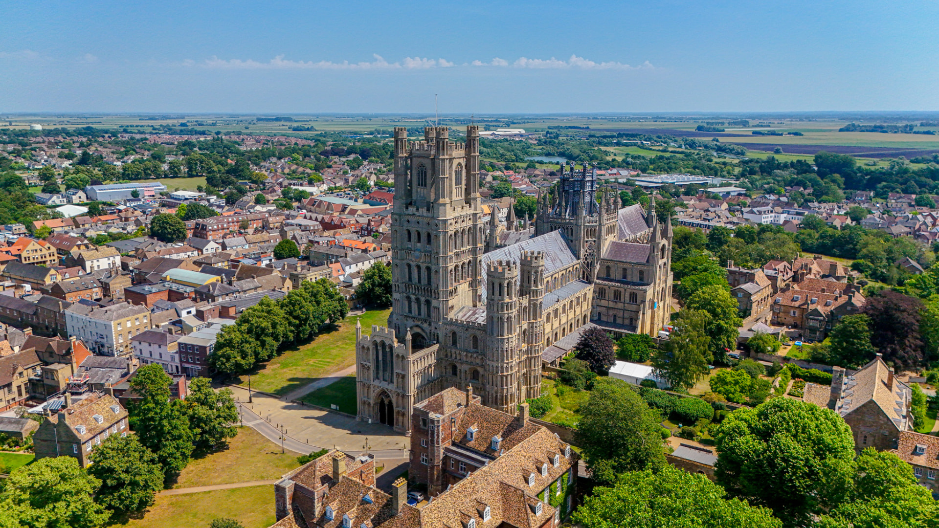 Aerial drone view of Ely cathedral and the surrounding town